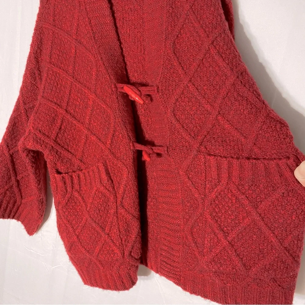 Vintage Oversized Red Chunky Textured Diamond Knit Cardigan Sweater W Toggles XL - Picture 8 of 14